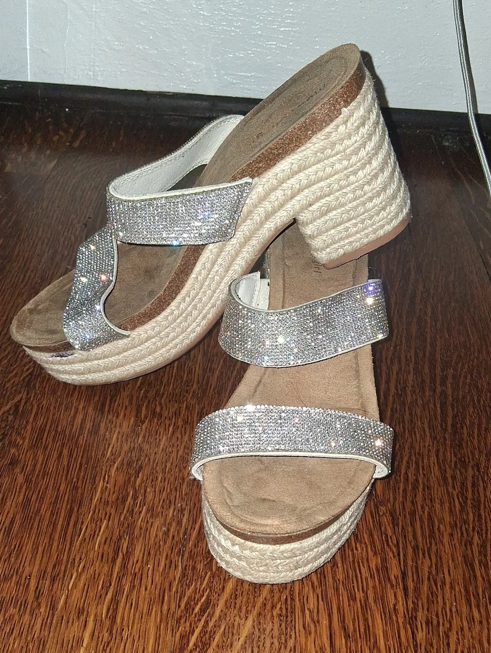 Madden Girl Silver Crystal Double-Strap Braided Wedge Sandals